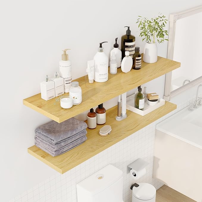 48" Floating Shelves for Wall, 12" Deep Slim Oak Floating Shelves, Wall-Mounted Shelves for Bedroom, Living Room, Kitchen, Bathroom - Set of 2
