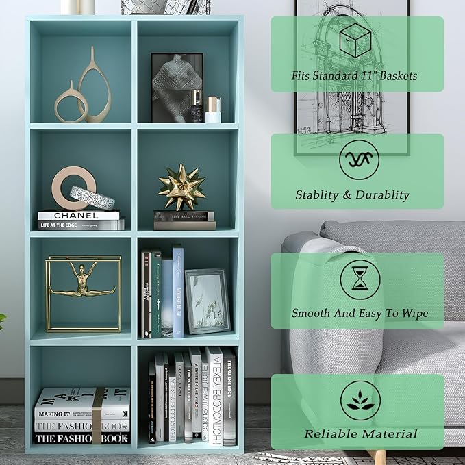 8-Cube Storage Shelf Bookcase - Wooden 4-Tier Floor Standing Open Bookshelf, Modern TV Stand up to 55 Inchs for Home and Office, Light Blue