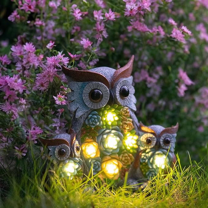 Solar Garden Statue Lights Owl Figurine with LED Lights, Outdoor Garden Succulent Ornaments, Mothers Day Mom Gifts for Outside Patio Yard Lawn Decor