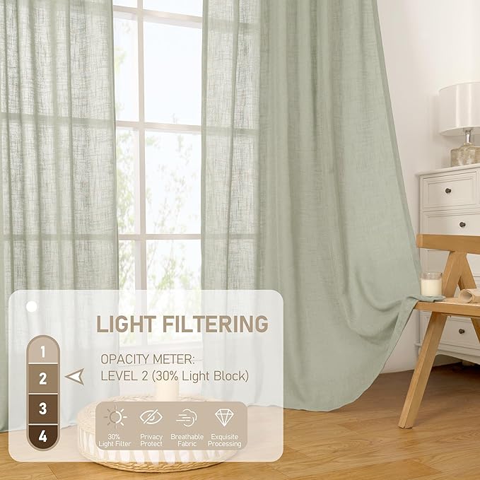 LAMIT Short Linen Curtains 48 Inch Length 2 Panels, Semi Sheer Light Filtering Panels Bronze Grommet Drapes for Small Window/Bathroom/Bedroom/Basement, Sage Grey, 34 x 48 Inch