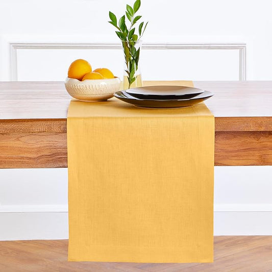 Solino Home Linen Mustard Yellow Table Runner 60 Inches - 100% Pure Linen Farmhouse Short Table Runner 14 x 60 Inch Ideal for Dresser and Coffee Tables - Fete