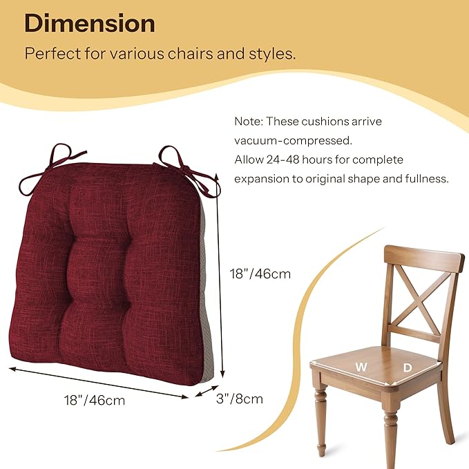 Non Slip Chair Cushions for Dining Chairs Set of 4 Kitchen Chair Cushions 18"x18"x3" Turfted Chair Pads Comfortable and Soft Seat Cushion with Ties, Burgundy