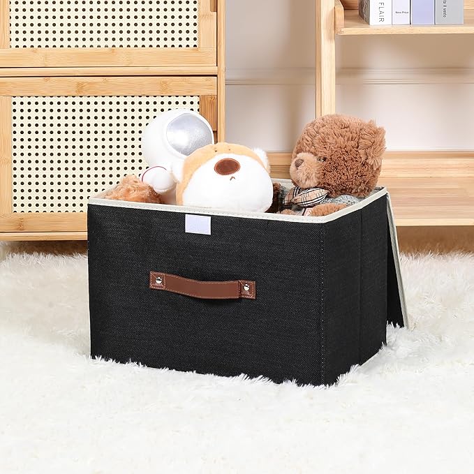 ANMINY Storage Bin with Lid Storage Boxes with PU Leather Handles PP Plastic Board Decorative Foldable Lidded Cotton Linen Fabric Home Cubes Baskets Closet Organizer Container - Black, Large Size
