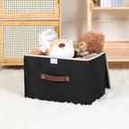 ANMINY Storage Bin with Lid Storage Boxes with PU Leather Handles PP Plastic Board Decorative Foldable Lidded Cotton Linen Fabric Home Cubes Baskets Closet Organizer Container - Black, Large Size