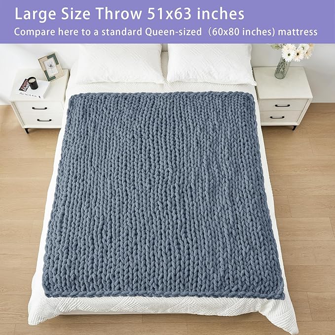 Bigacogo Chunky Knit Throw Blanket for Couch, 51x63 inches, 100% Hand Knitted with Thick Jumbo Chenille Yarn, Cozy Soft Large Rope Knot Cable Crochet Blankets for Sofa Bed Living Room, Cold Sea Blue