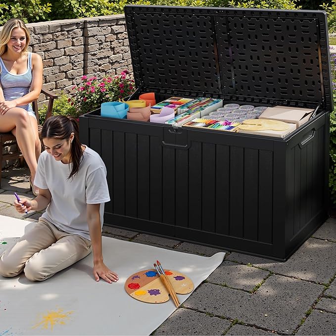 JUMMICO 250 Gallon Outdoor Resin Deck Box with Divider, Waterproof Storage Box with Lockable Lid&Side Handles for Garden Tools, Pools Supplies (Black)