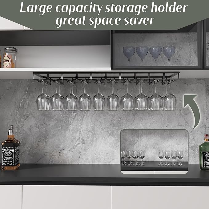Xverycan Wine Glass Rack Under Cabinet, 10 Row Extreme Large Stemware Hanger, Metal Wine Goblet Holder, DIY Bar Glass Storage Rack for Bar Counter, Kitchen, Screws Included