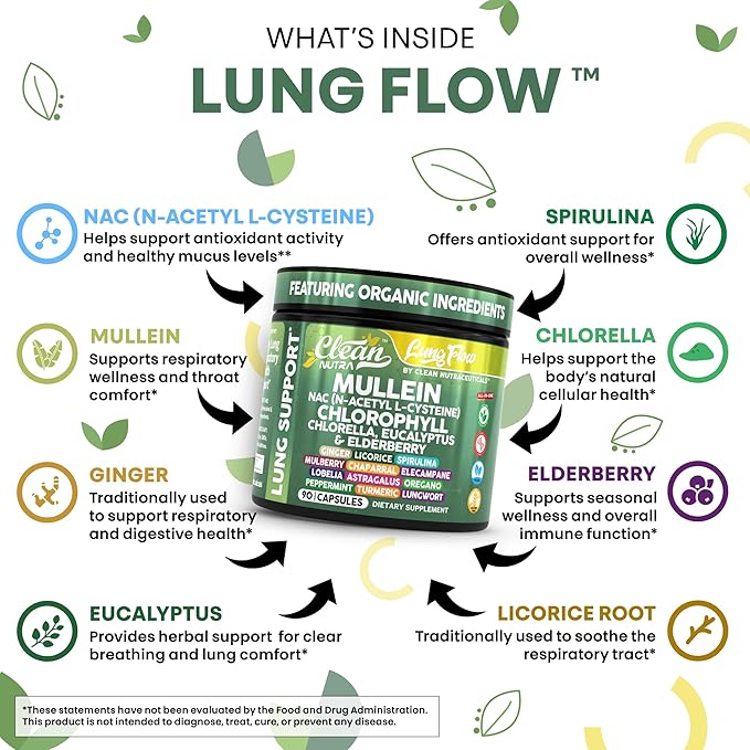 Clean Nutra Mullein NAC Supplement Spirulina Chlorella Ginger Licorice Mulberry Astragalus Root Oregano Turmeric with Chlorophyll Berries Detox Cleanse Respiratory Lung Health 90 Capsules