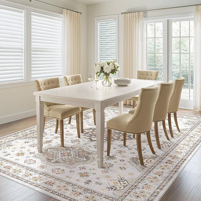 Washable Area Rugs for Living Room -8x10 Neutral Vintage Distressed Floral Farmhouse Boho Large Soft Floor Rug Indoor Non Slip Carpet for Living Room Bedroom Dining Room Office -Blue Brown