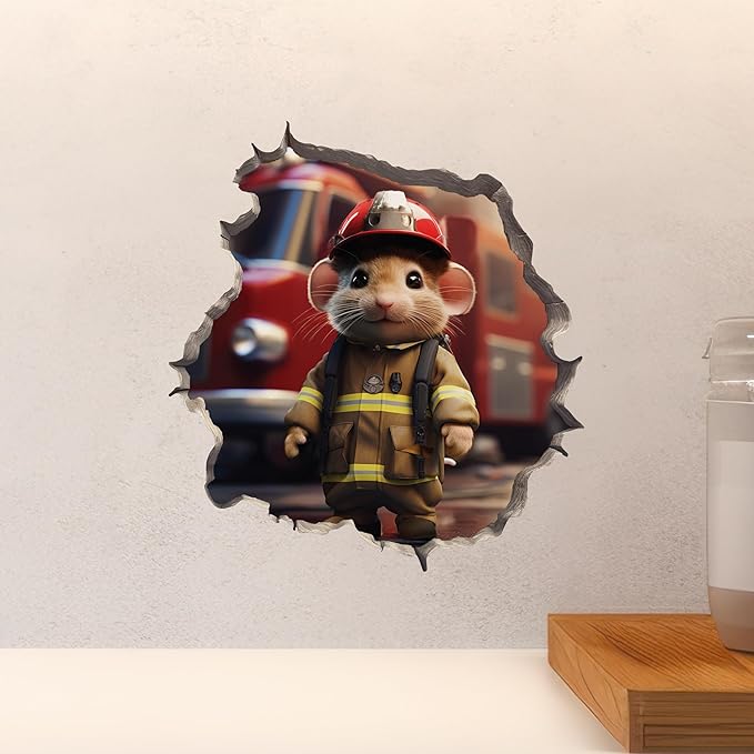 Firefighter Mouse in Mouse Hole Decal - Mouse Hole 3D Wall Sticker