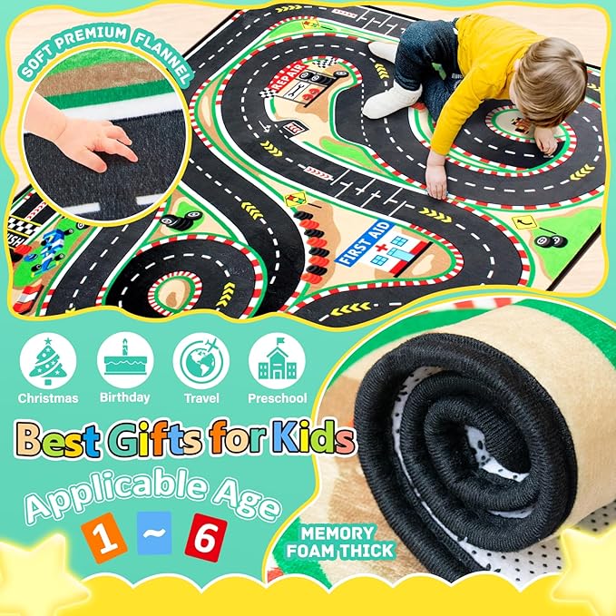 Kids Rug, Race Track Baby Play Mats, Realistic 3D Cascading Surround Route, 6x9 Ft Kids Rug for Playroom, Great for Playing with Cars and Toys, Non-Slip Car Carpet