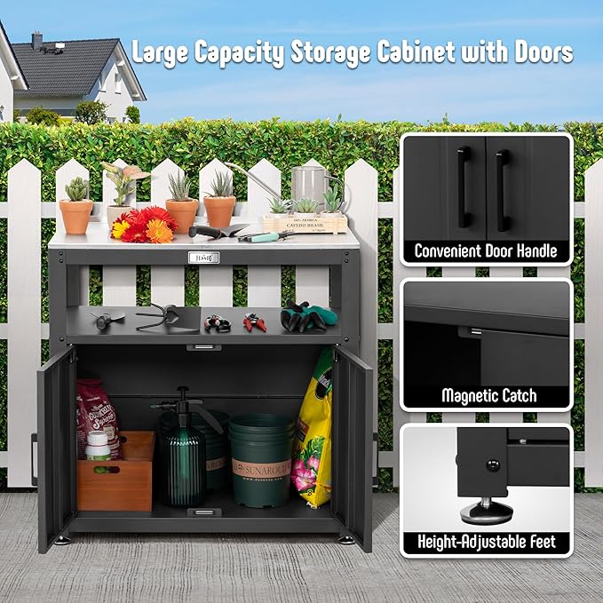 Garden Potting Bench with Storage Cabinet,Outdoor Gardening Table & Work Bench for Plants, Horticulture,Outdoor Workstation with Stainless Steel Tabletop,Outdoor Work Table