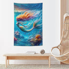 Mermaid Tapestry Ocean Tapestries Coastal Fabric Wall Hanging Aesthetic Space Indoor Outdoor Wall Art Tablecloth Bedspread Decoration for Girl’s Bedroom Dormitory Living Room Home Decor 40"x60"
