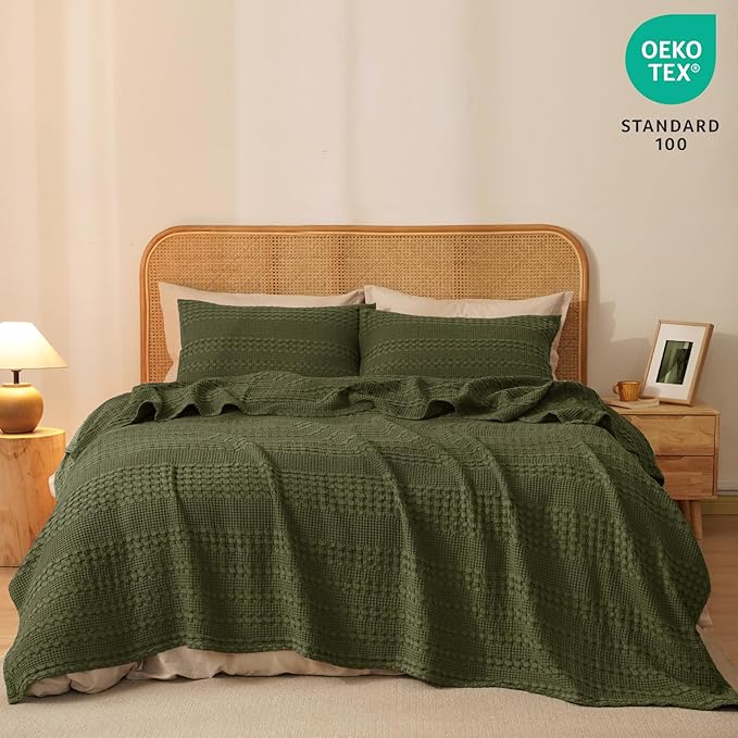 PHF 100% Cotton Waffle Weave Blanket Queen Size, Soft Lightweight Breathable Cozy Summer Blankets for Bed, Luxury Aesthetic Woven Bedding for Home Decor, 90"x90", Capulet Olive
