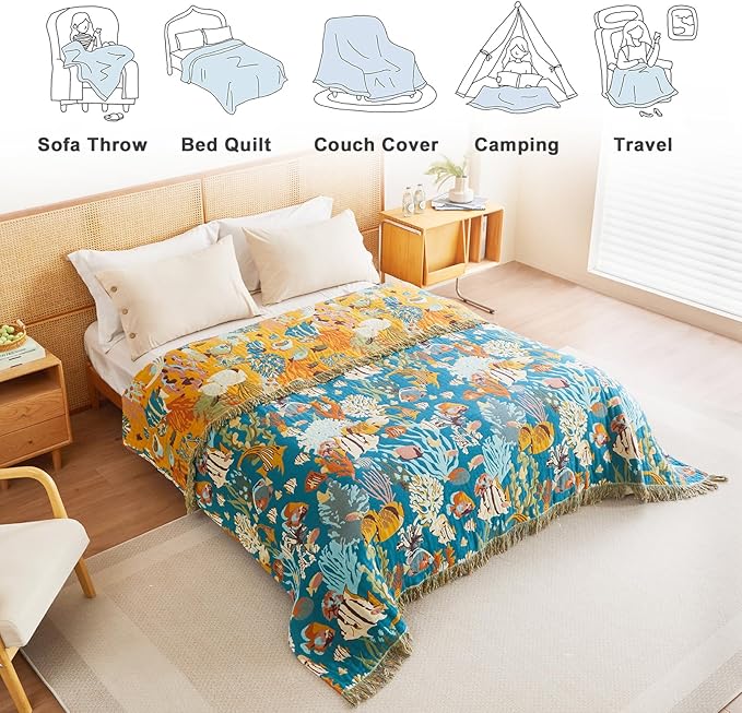MSGKV Throw Blanket for Couch Cotton Muslin Breathable Cute Ocean Animals Blanket 50"x60" Sofa Chair Blankets for All Seasons Lightweight Farmhouse Blankets Home Decor