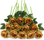 Gold Fake Roses Artificial Flowers - 16 Pcs Fake Artificial Roses Silk Flowers with Stems for Home Wedding Hotel Office Centerpiece Decor