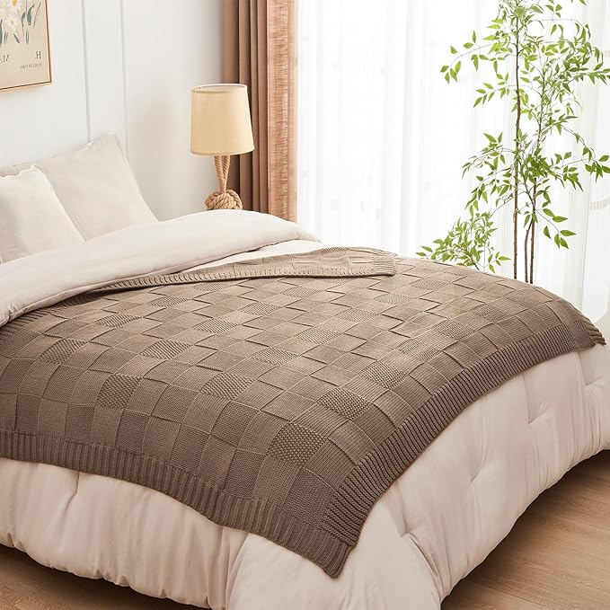 CozeCube Check Knit Throw Blanket, Light Brown Checkered Throw for Couch, Decorative Christmas Soft Cozy Warm Knitted Blanket for Bed Sofa Living Room, 60"X80"