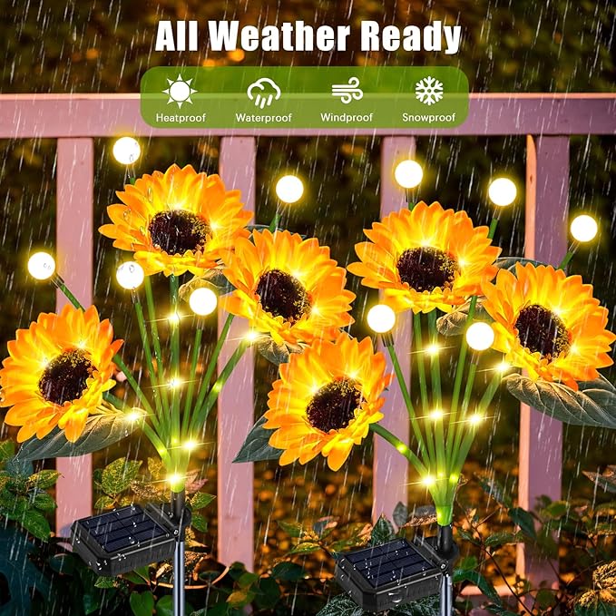 Solar Sunflower Lights Outdoor Waterproof - 6 Pack Solar Powered Sunflowers with Firefly Solar Lights for Garden Lawn Decor
