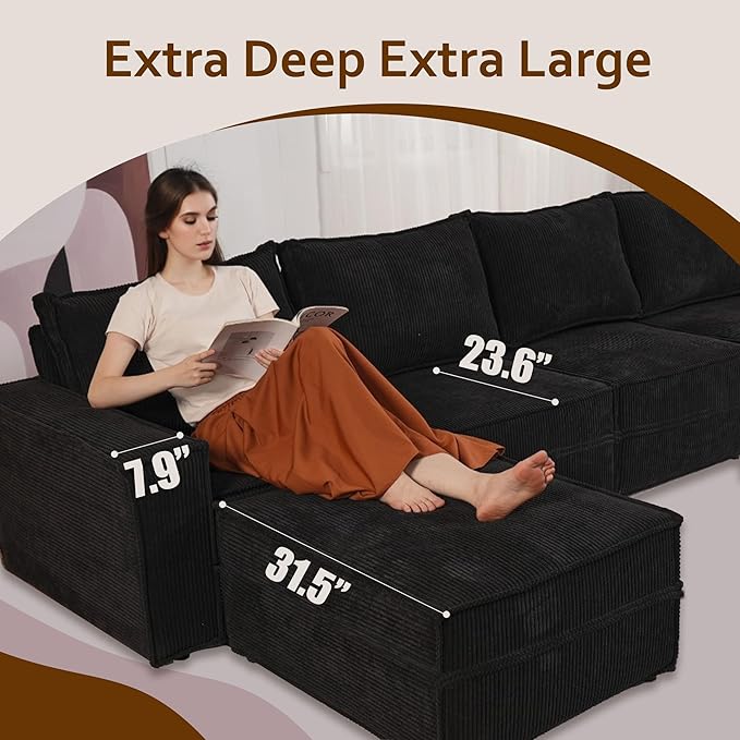 HOOOWOOO Modular Sectional Sofa Couch,Matching Free Combination Cloud Couch Left Arm Chair(Black Corduroy)