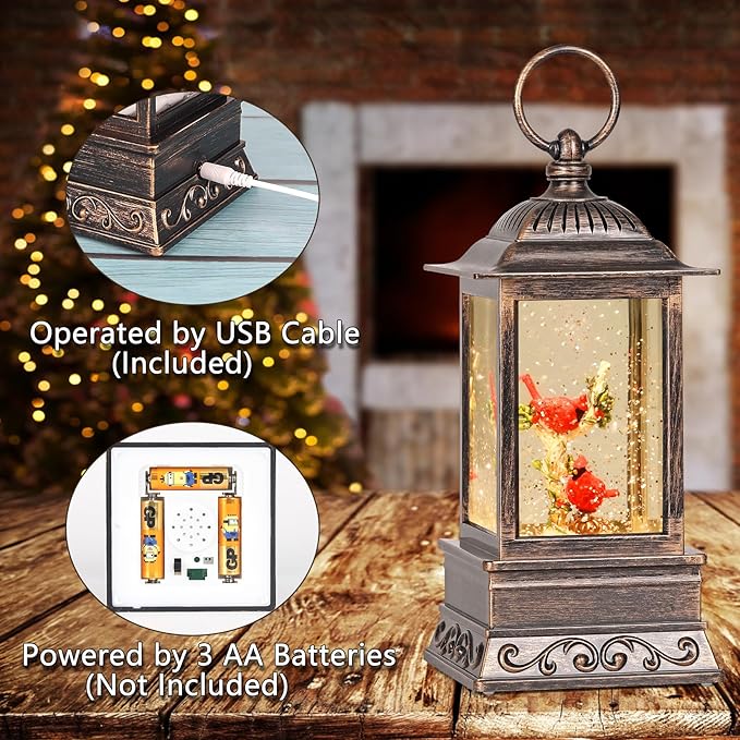 Christmas Snow Globe Cardinal Lantern, Glitter Lighted Christmas Decorations for Home with Music, Light Up Musical Snowglobe Cardinal Décor