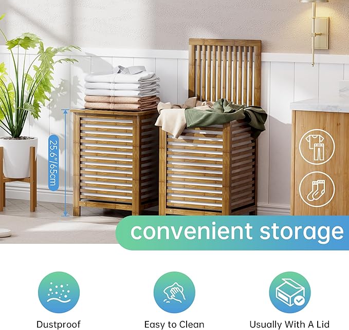 SMIBUY Double Laundry Hamper with Lid, 120L Bamboo Laundry Basket with Removable Liner Bag, 2-Section Clothes Divider Laundry Sorter for Laundry Room, Bathroom, Bedroom (Walnut)