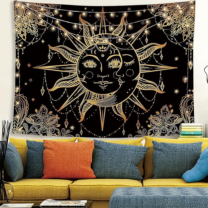 Lunerfex Hippie Sun and Moon Tapestry Bohemian Tapestry Aesthetic Cute Tapestries for Bedroom and Living Room Decor Sun 60×80 Inches