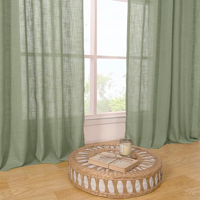 LAMIT Linen Curtains 108 Inches Long for Living Room, Bronze Grommet Linen Textured Sheer Curtains Light Filtering Drapes for Boho Farmhouse, 2 Panels, 52 x 108 Inch, Sage Green