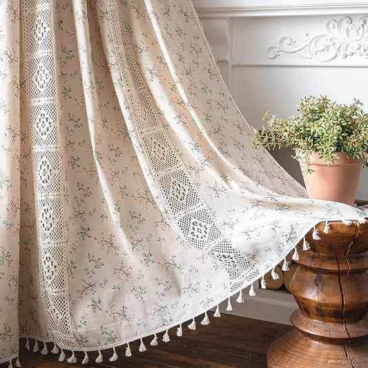 Sutuo Home Boho Curtain Semi-Blackout Crochet Hollow Lace Patchwork with Floral Print Cotton Linen Fabric, Handmade Tassels Rod Pocket Bohemian Window Drapes for Living Bedroom, 59"W x 84"L, 1 Panel