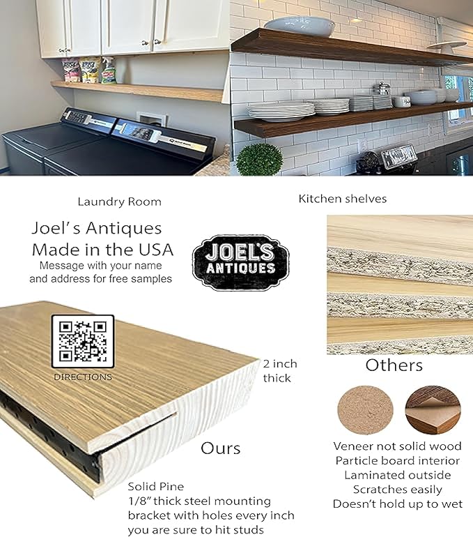 joelsantiques - 48 Inch Wooden Floating Shelves for Wall - 48x6x2 in - Made of Natural Wood - Long Heavy Duty Rustic Wall Shelves for Bedroom - Perfect for Living Room, Kitchen - Black