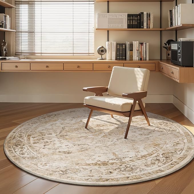 AMOAMI-6FT Round Rug-Rugs for Living Room-Vintage Soft Beige Rugs for Bedroom-Non Slip Circle Rug-Machine Washable Rug for Dining Room Living Room Bedroom Office Under Table