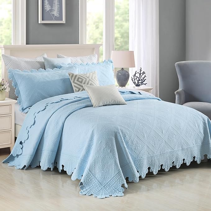 MarCielo 3-Piece 100% Cotton Oversized Bedspread Lightweight Quilt Coverlet Embroidery Farmhouse Bedding Set (TK Light Blue, Oversized King (118"x106"))