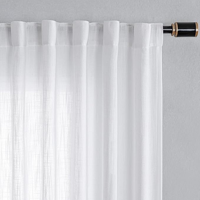 MYSKY HOME Floor to Ceiling Curtains 108 Inches White Sheer Window Drapes 1 Panel for Sliding Glass Door Back Tab Draperies Linen Look Boho Fabric, Soft Cotton Blend Light Filtering for Living Room