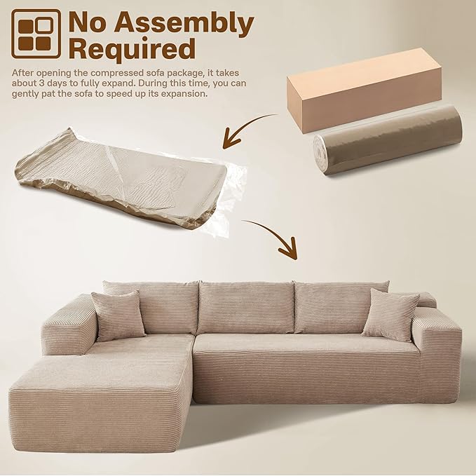 104" Cloud Sectional Couches for Living Room,L Shaped Boneless Couch in A Box,Sleeper Sofa with Comfy Chaise No Assembly Required,Camel