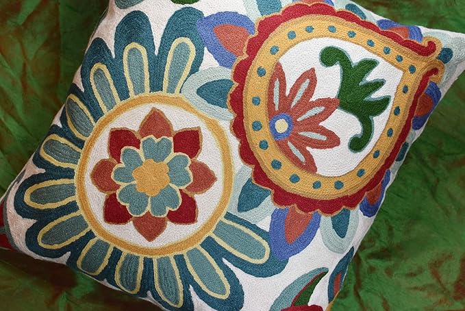 Daisy Floral Pillow Cover Teal Flower Pillowcase Flowery Outdoor Cushion Suzani Accent Pillowsham Flower Floral Chair Cushion Hand Embroidered Cushions Wool Size 18x18