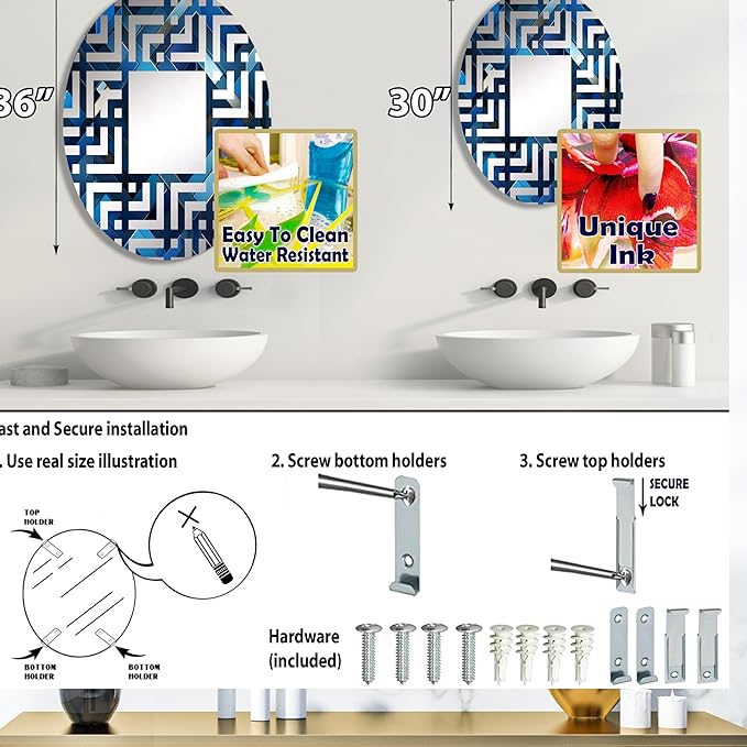 Symmetric Cubes in Deep Cobalt Blue - Geometric Maze - 24x36 Inches - Oval Decorative Wall Mirror for Bathroom, Bedroom, Entryway, Living Room, Vanity Room and Modern Décor