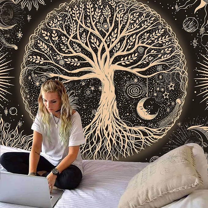 FORATER Tree of Life Tapestry Wall Hanging Sun Moon Stars Tapestries Aesthetic Galaxy Wall Tapestry Nature Home Decoration for Living Room Bedroom(61 x 82 Inch, Black and Gold)