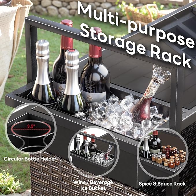 Outdoor Bar Cart with Storage Cabinet, Outdoor Grill Cart with Wheels, Rattan Bar Cart with Tempered Glass Tabletop, Outdoor Buffet Cabinet Table Cart for Mini Bar, BBQ, Food Serving, Brown Wicker