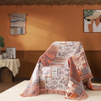 Boho Throw Blanket Full Size, Extra Large Soft Cozy Cotton Muslin Quilt Blanket for Bed Decor, Patchwork Block Couch Sofa Chair Cover, Vintage Farmhouse Cottage Woven Blanket, Red&Orange