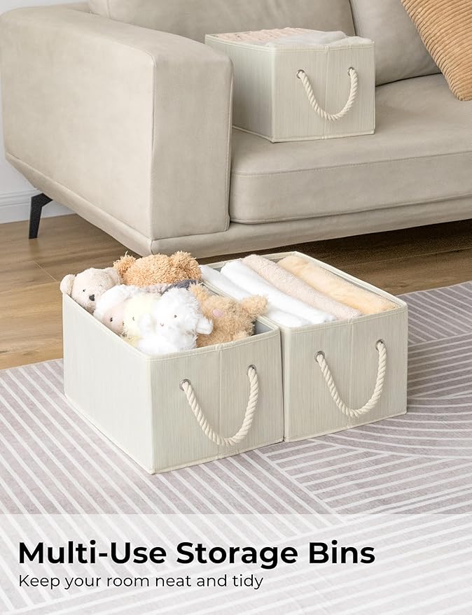 StorageWorks Storage Baskets for Shelves, Foldable Fabric Closet Storage Bins with Handles, Fabric Storage Bins Clothes Organizer, Beige, White & Ivory, 3-Pack, Large