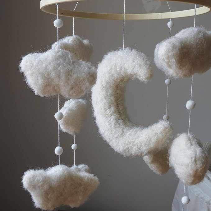 Boucle Cloud Moon Crib Mobile Boho Baby Mobile for Crib Neutral Nursery Mobile for Boys & Girls