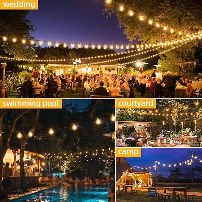ST38 50FT LED Outdoor String Lights with 25+2 Spare Bulbs, E12 Socket, 2700K Warm White-for Backyard, Wedding, Camping, Porch, Deck, Gazebo, Bistro Decor