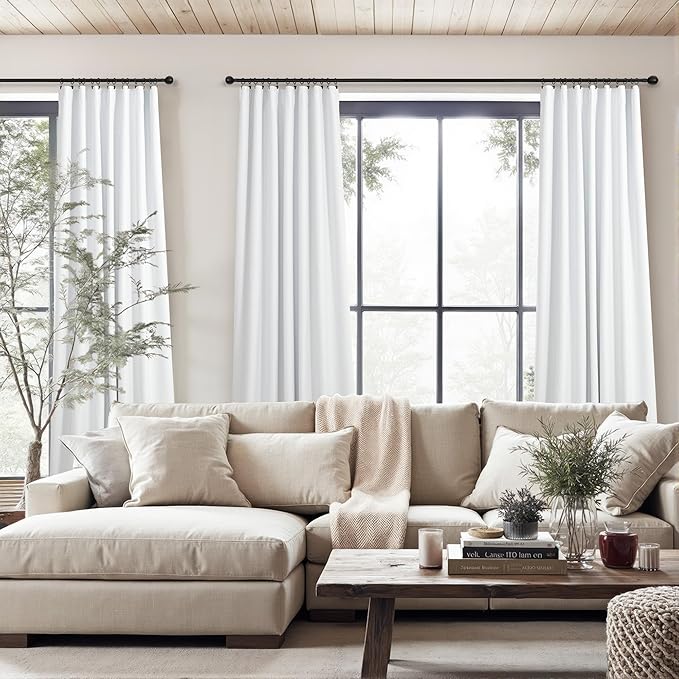 White 100% Blackout Curtains for Office at Home/Playroom/Classroom Thermal Insulated Cold Blocking Winter Curtains 92 Inch Length 2 Panels Neutral Modern Window Linen Cotton Back Tab Drapes 52x92 Long