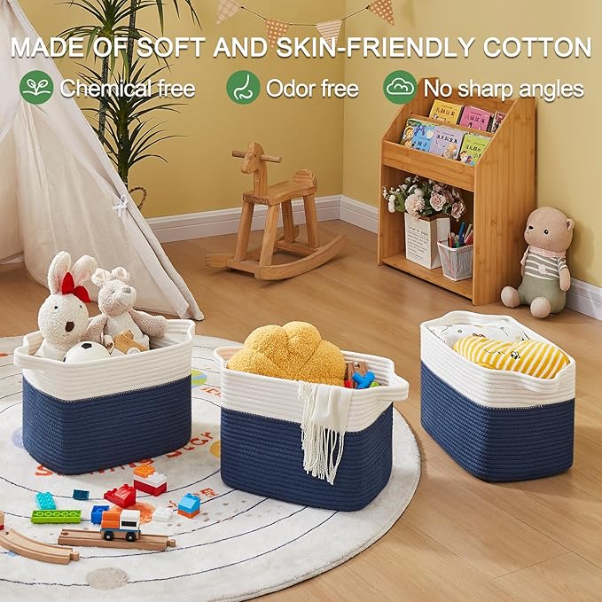 OIAHOMY Storage Basket, Woven Baskets for Storage, Cotton Rope Basket for toys,Towel Baskets for Bathroom - Pack of 3,White Blue