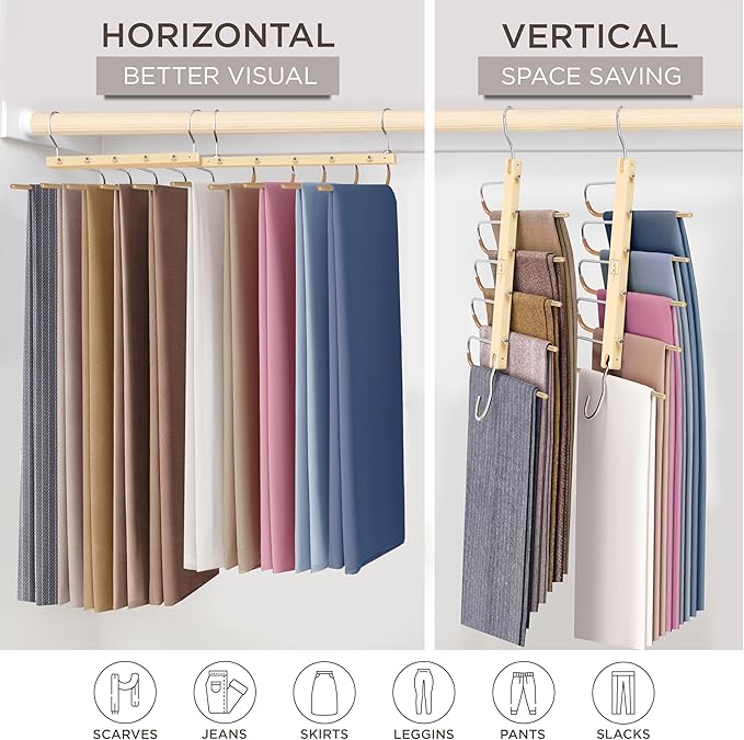 MORALVE Pants Hangers Space Saving - 2 Pack European Beechwood Scarf and Jean Hangers - Closet Organizer and Space Saver Pant Rack, Leggings Hanger, and Scarf Holder with 360° Swivel Hook