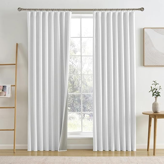 RAIN CITY Snow White Blackout Curtains (50 x 92-inch Long) Modern Rustic Linen Pinch Pleated Drapes for Living Room with Hooks Textured Curtains for Patio Door Playroom 2 Panels