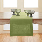 Solino Home Linen Moss Green Hemstitch Table Runner 36 Inches - 100% Pure Linen Small Table Runner 14 x 36 Inch Ideal for Dresser and Coffee Tables - Classic Hemstitch - Fall, Halloween, Thanksgiving
