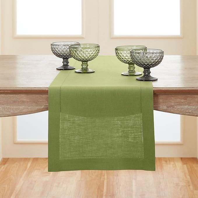 Solino Home Linen Table Runner 108 Inches Long - 100% Pure Linen Moss Green Table Runner 14 x 108 Inch for Fall, Autumn, Thanksgiving - Classic Hemstitch