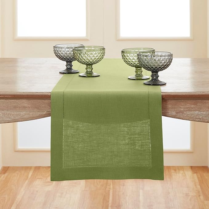 Solino Home Linen Moss Green Table Runner 120 Inches Long - 100% Pure Linen Hemstitch 14 x 120 Inch Table Runner for Dining, Fall, Autumn, Thanksgiving - Classic Hemstitch
