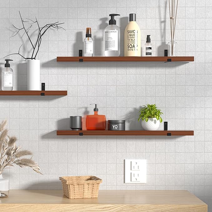 CONSDAN Floating Shelves for Wall Mounted Book Shelf Hanging Shelves Floating Bookshelf for Bedroom, Bathroom, Living Room, Kitchen USA Grown Solid Hardwood, Dark Maple 24x7.5x1.5 in (Set of 3)