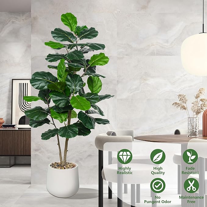 Artificial Fiddle Leaf Fig Tree 5FT, Large Realistic Faux Ficus Lyrata Plant with Pot Large Faux Plant for Indoor Outdoor Home, Office, Living Room, Bathroom Decor